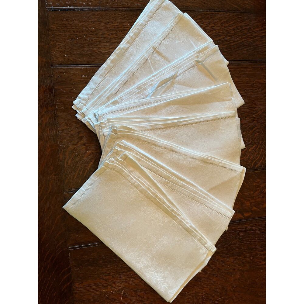 Set of 8 White Damask Dinner Napkins 21" Floral Hemstitch
